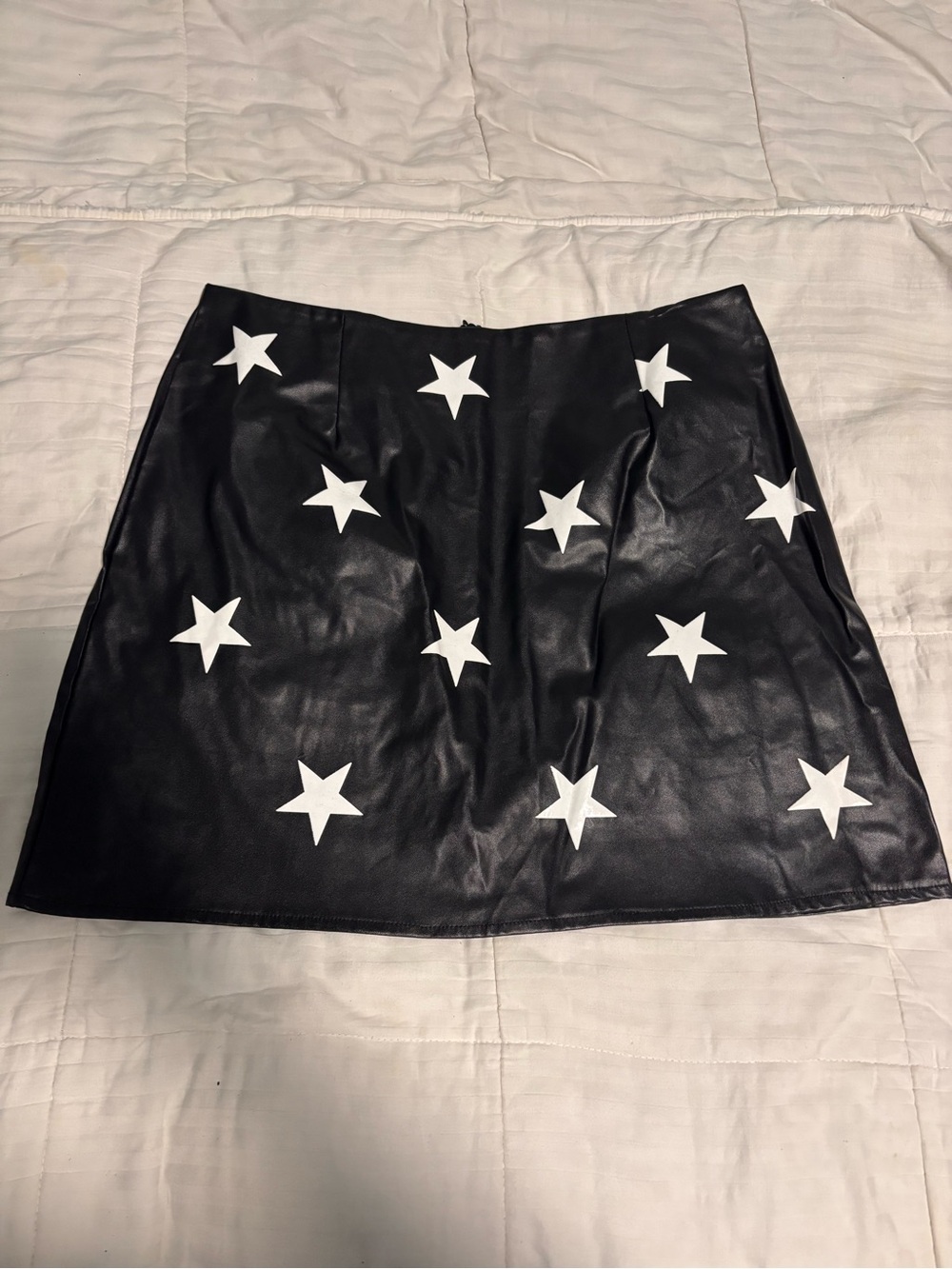 SHEIN Black Faux Leather Mini Skirt with White Star Appliqués